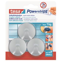 TESA Powerstrips Hooks Small Round 3 Hooks/ 4 Strips Chrome Matt (IP 6)