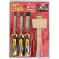 Chisel Set Wood 3 Piece + Wooden Mallet Blister