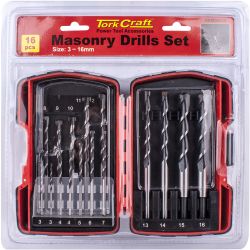 Masonry Drill Bit Set 16pc 3 - 16mm In Plastic Case