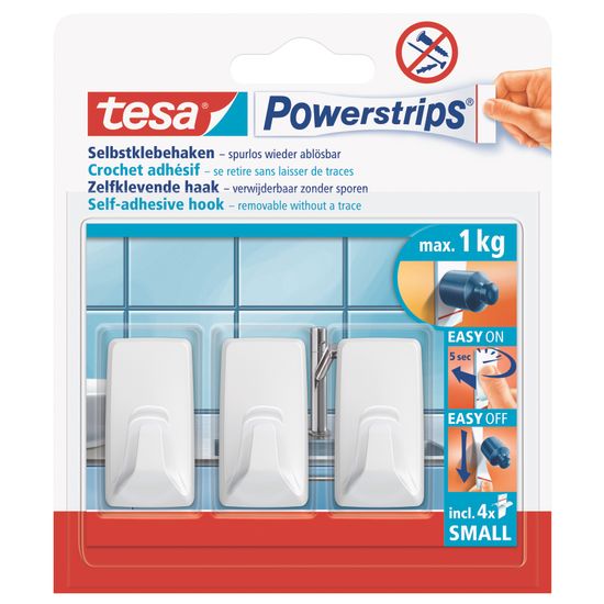 TESA Powerstrips Hooks Small Rectangular 3 Hooks/ 4 Strips White (IP 6)