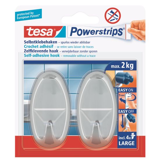 TESA Powerstrips Hooks Large Oval 2 Hooks/ 4 Strips Chrome (IP 6)