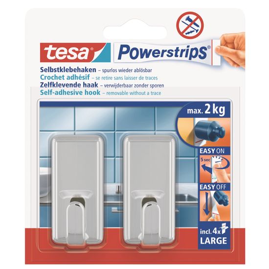TESA Powerstrips Hooks Large Rectangular Classic 2 Hooks/ 4 Strips Chrome (IP 6)