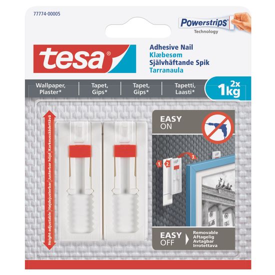 TESA Adhesive Nail adjustable 1kg - Sensitive Surface 2 Hooks/ 3 Strips (IP 8)