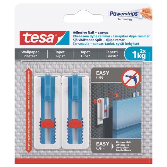 TESA Adhesive Canvas Nail adjustable 1kg - Sensitive Surface 2 Hooks/ 3 Strips (IP 8)