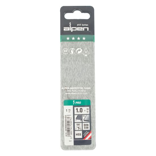 ALPEN Pro Hss 1mm Drill Din 338 Rn 135 Split Point Plastic Wallet (1
