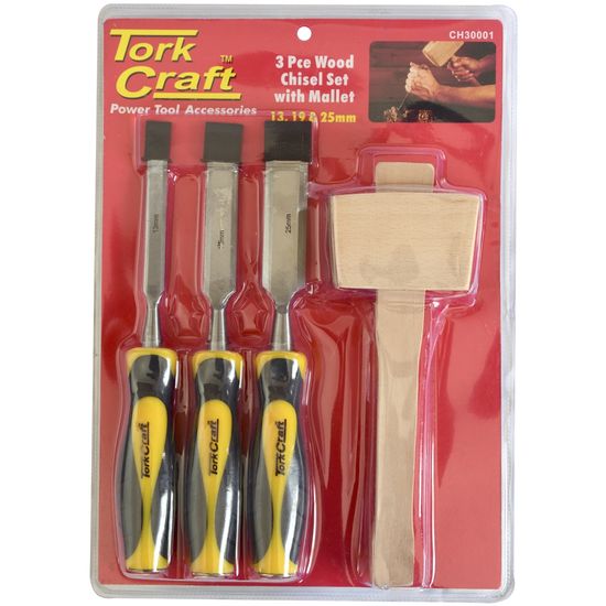 Chisel Set Wood 3 Piece Plus Wooden Mallet Blister