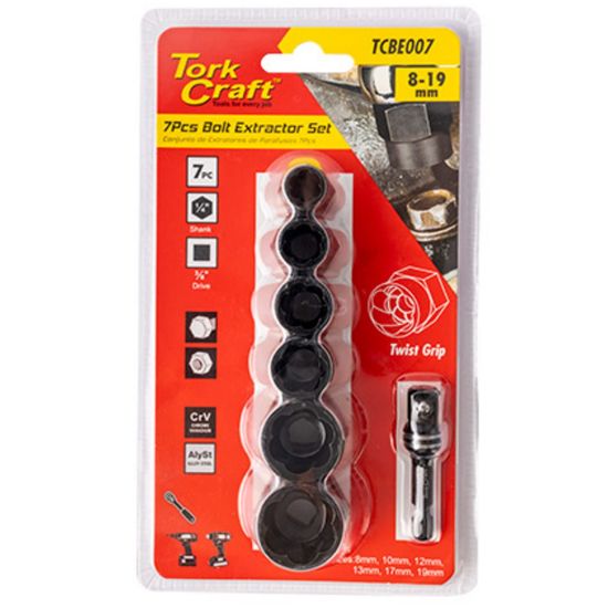 Bolt Extract Set 7pce 8/10/12/13/17/19mm 1pc 50mm 1/4" Socket Adaptor